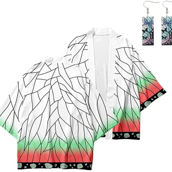 NWT Anime Demon Slayer Shinobu Kocho Cosplay Costume Kimono Robe w/ Earrings! - Picture 1 of 3